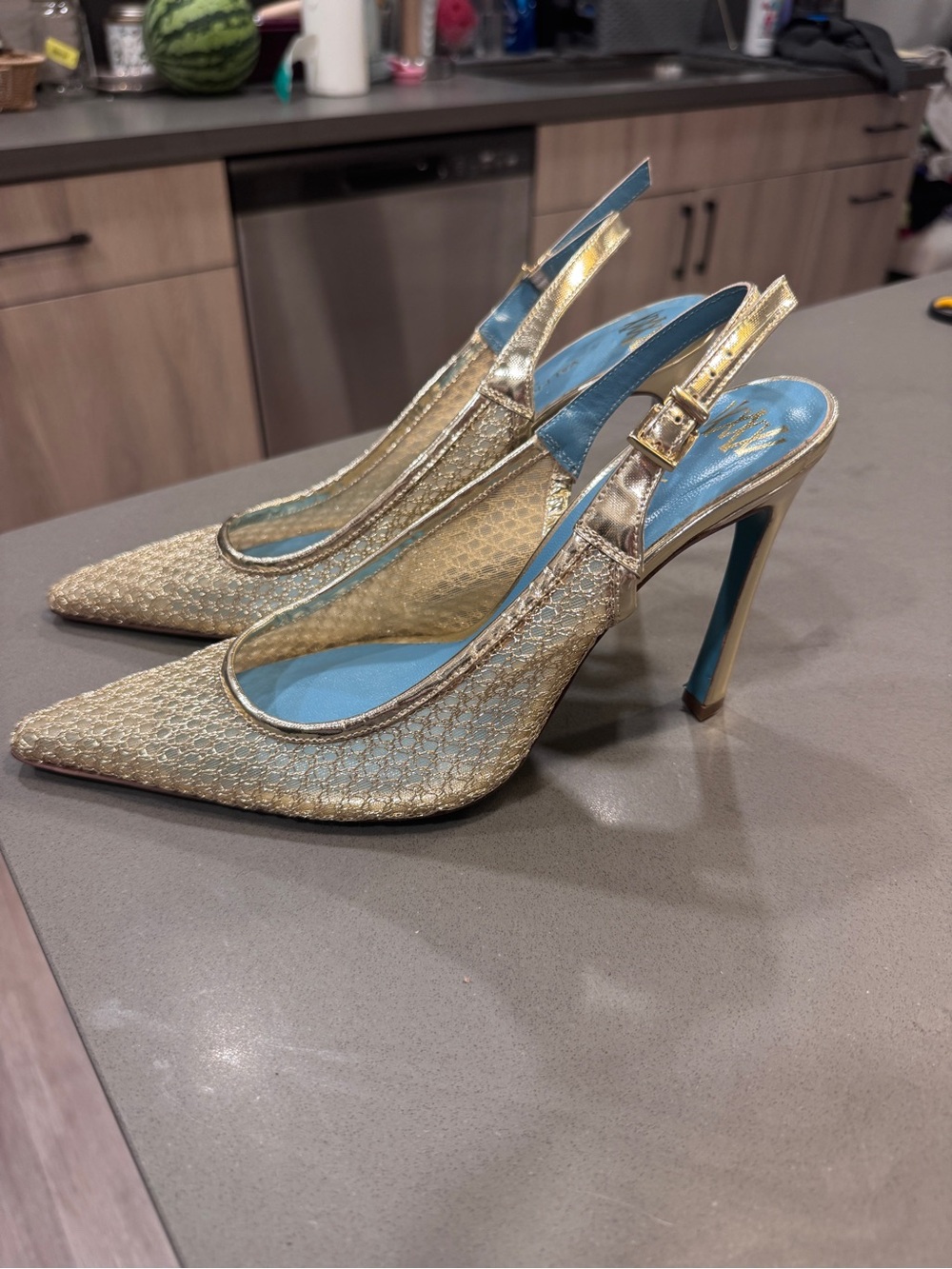 Rangoni Gold Mesh Pointed-Toe Slingback Heels with Blue Insole